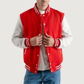 Men's Red Wool & White Leather Varsity Jacket