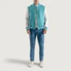 men's teal aqua wool & white leather varsity jacket front full look