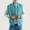 men's teal aqua wool & white leather varsity letterman jacket front view