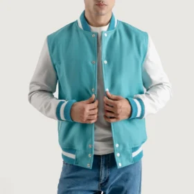 Men's Teal Aqua Wool & White Leather Varsity Jacket