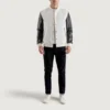 men's white wool & black leather varsity jacket front full look