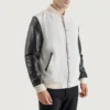 mens white wool & black leather varsity letterman jacket side view
