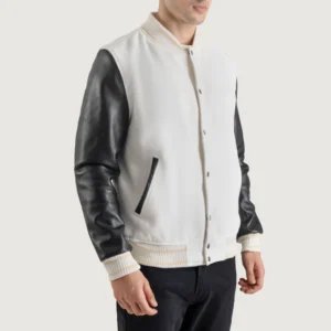 mens white wool & black leather varsity letterman jacket side view