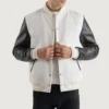 men's white wool & black leather varsity letterman jacket front view