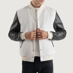 Men's White Wool & Black Leather Varsity Jacket