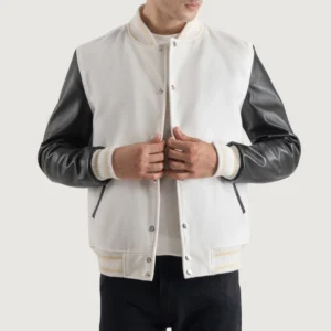 men's white wool & black leather varsity letterman jacket front view