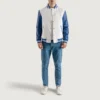 men's white wool & blue leather varsity jacket front full look