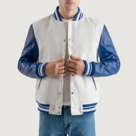 Men's White Wool & Blue Leather Varsity Jacket