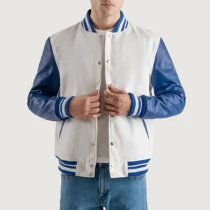 men's white wool & blue leather varsity letterman jacket front view