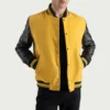 men's yellow wool & black leather varsity letterman jacket front view
