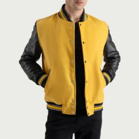 Men's Yellow Wool & Black Leather Varsity Jacket