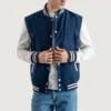 navy blue wool & white leather varsity letterman jacket front view