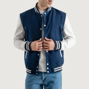 navy blue wool & white leather varsity letterman jacket front view