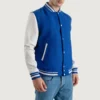 royal blue wool and white leather varsity jacket