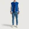 royal blue wool & white leather varsity letterman jacket front full look