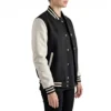 womens black and white leather varsity letterman jacket side view