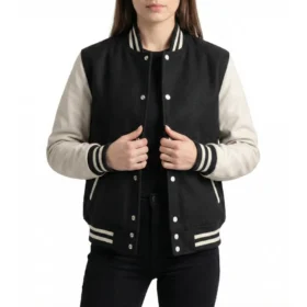 Women’s Black Wool and White Leather Varsity Jacket