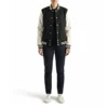 women's black & white leather varsity jacket front full look