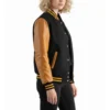 womens black wool & gold leather varsity letterman jacket side view