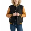 women’s black wool & gold leather varsity letterman jacket front view