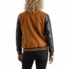 women's brown wool and black leather varsity letterman jacket back view