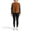 womens brown wool black leather varsity jacket