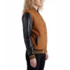 womens brown wool & black leather varsity letterman jacket side view