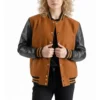 women’s brown wool & black leather varsity letterman jacket front view