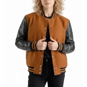 women’s brown wool & black leather varsity letterman jacket front view