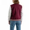 women's burgundy wool and white leather varsity letterman jacket back view