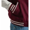 womens burgundy wool and white leather varsity letterman jacket pocket close-up