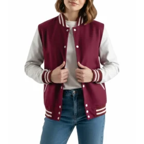 Women’s Burgundy Wool & White Leather Varsity Jacket