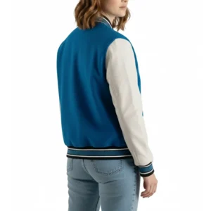 womens deep mid sky blue wool & white leather varsity letterman jacket side view