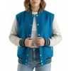 women’s deep mid sky blue wool & white leather varsity letterman jacket front view