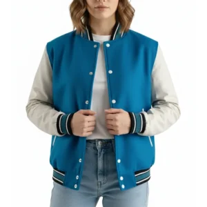 women’s deep mid sky blue wool & white leather varsity letterman jacket front view