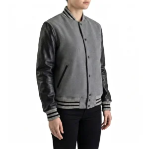 women's grey wool and black leather varsity letterman jacket side view