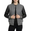 womens grey wool and black leather varsity letterman jacket front view