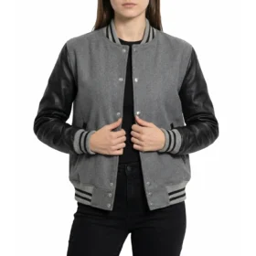Womens Grey Wool and Black Leather Varsity Jacket