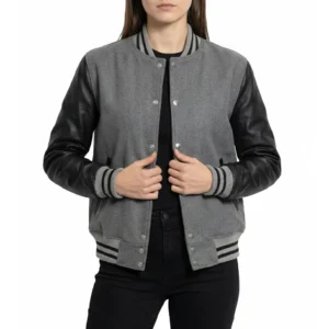womens grey wool and black leather varsity letterman jacket front view