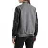 women's grey wool & black leather varsity letterman jacket back view