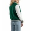 women's kelly green wool and white leather varsity letterman jacket sleeves view