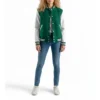 women's kelly green wool & white leather varsity jacket front full look