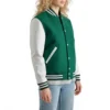 womens kelly green wool & white leather varsity letterman jacket side view