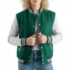women’s kelly green wool & white leather varsity letterman jacket front view