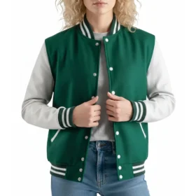 Women’s Kelly Green Wool & White Leather Varsity Jacket