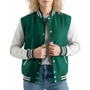 women’s kelly green wool & white leather varsity letterman jacket front view