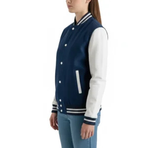 womens navy blue wool white leather varsity letterman jacket 1