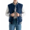 women’s navy blue wool & white leather varsity letterman jacket front view
