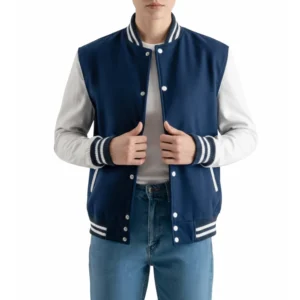 women’s navy blue wool & white leather varsity letterman jacket front view