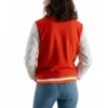 women's orange wool and white leather varsity letterman jacket back view